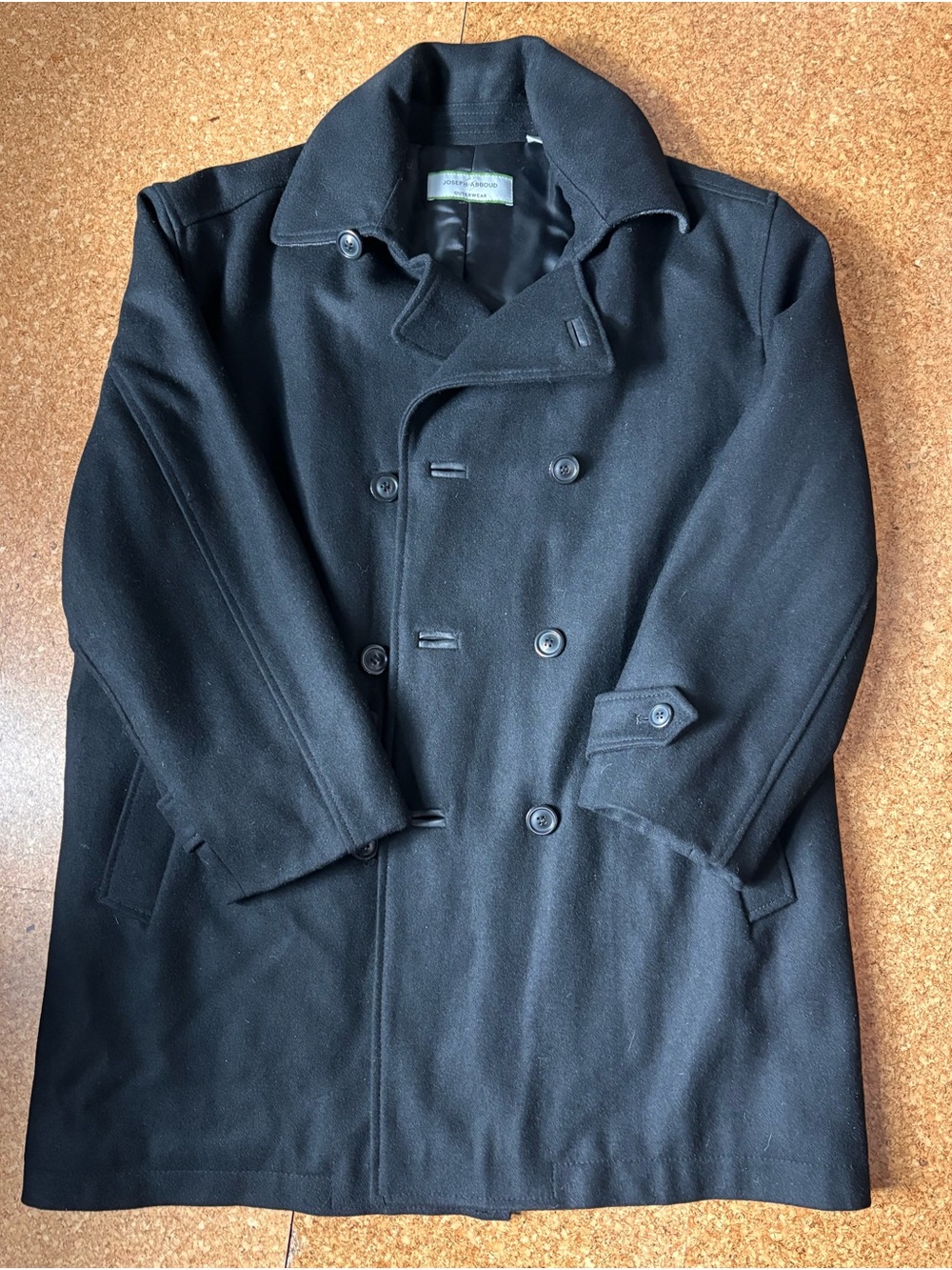 Joseph Abboud Black Double-Breasted Wool Pea Coat with leather details.